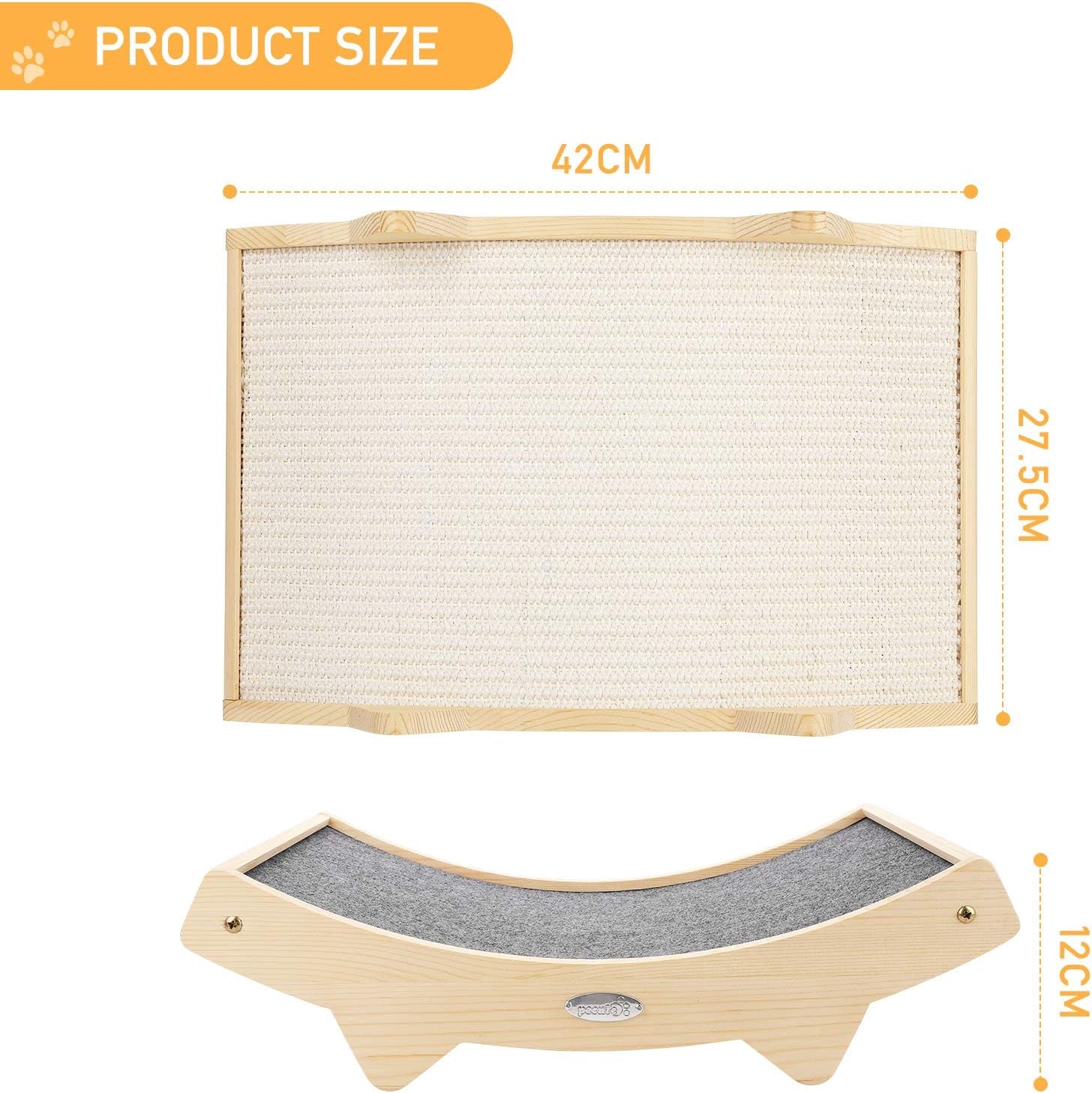 Double-Sided Cat Scratcher with Natural Sisal + Carpet Cloth, Durable Solid Wooden Structure Scratch Pad for Indoor Cats, Scratcher Lounge, 16.5 X 10.8In