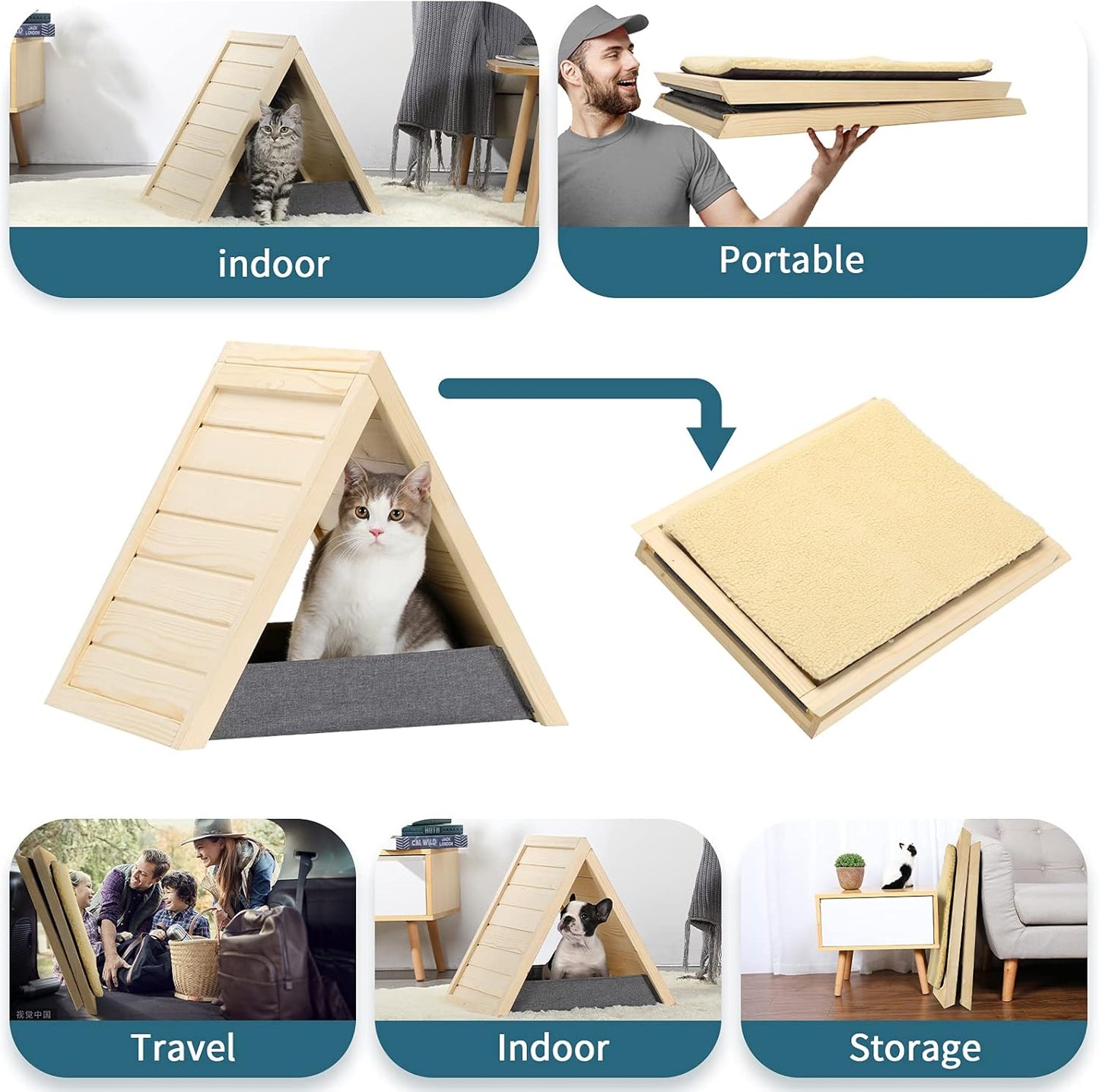 Cat Scratcher Lounge Thicken Solid Wood, Triangle Cats House, Cat Scratching Post for Indoor Cats as Cave and Bed