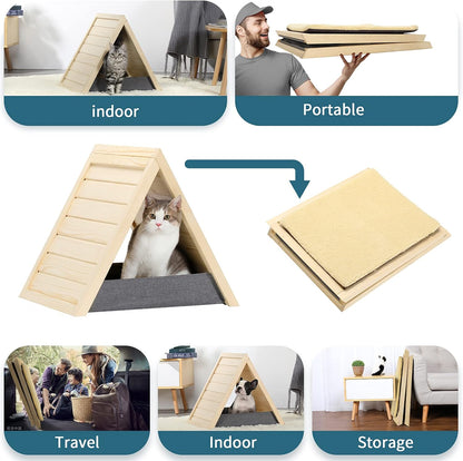Cat Scratcher Lounge Thicken Solid Wood, Triangle Cats House, Cat Scratching Post for Indoor Cats as Cave and Bed