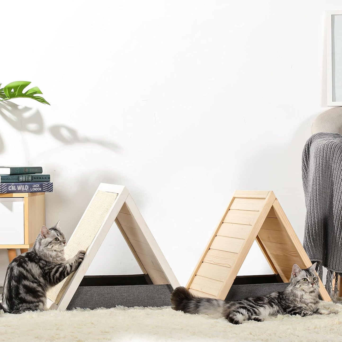Cat Scratcher Lounge Thicken Solid Wood, Triangle Cats House, Cat Scratching Post for Indoor Cats as Cave and Bed