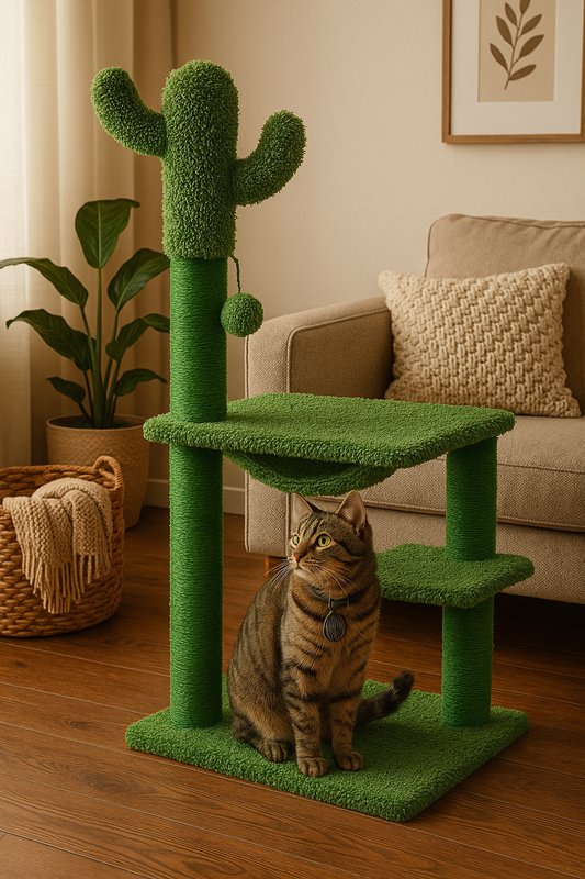 35 Inches Cactus Cat Tree with Hammock and Full Wrapped Sisal Scratching Post for Cats Green Large