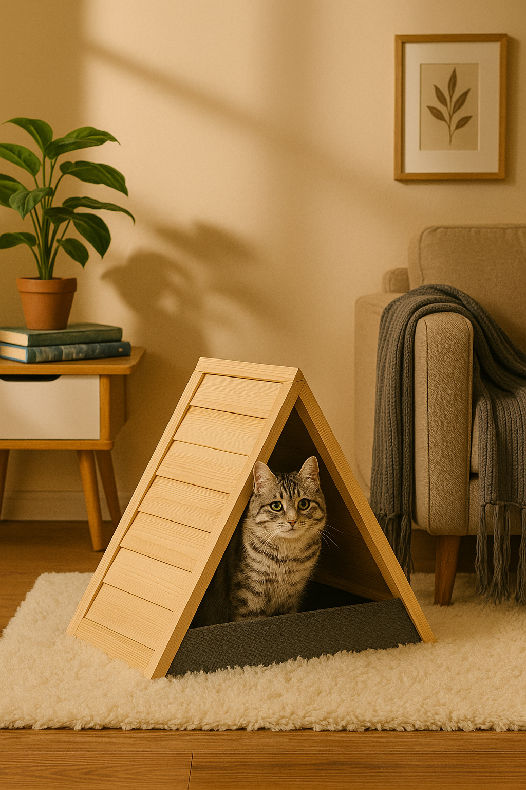 Cat Scratcher Lounge Thicken Solid Wood, Triangle Cats House, Cat Scratching Post for Indoor Cats as Cave and Bed