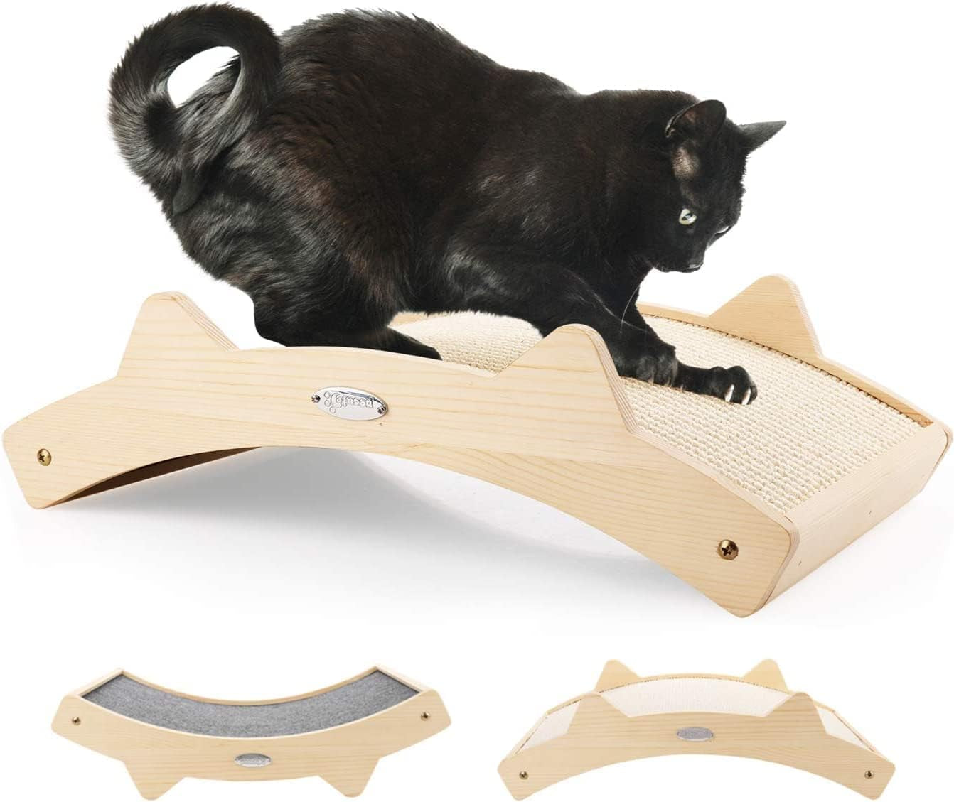 Double-Sided Cat Scratcher with Natural Sisal + Carpet Cloth, Durable Solid Wooden Structure Scratch Pad for Indoor Cats, Scratcher Lounge, 16.5 X 10.8In