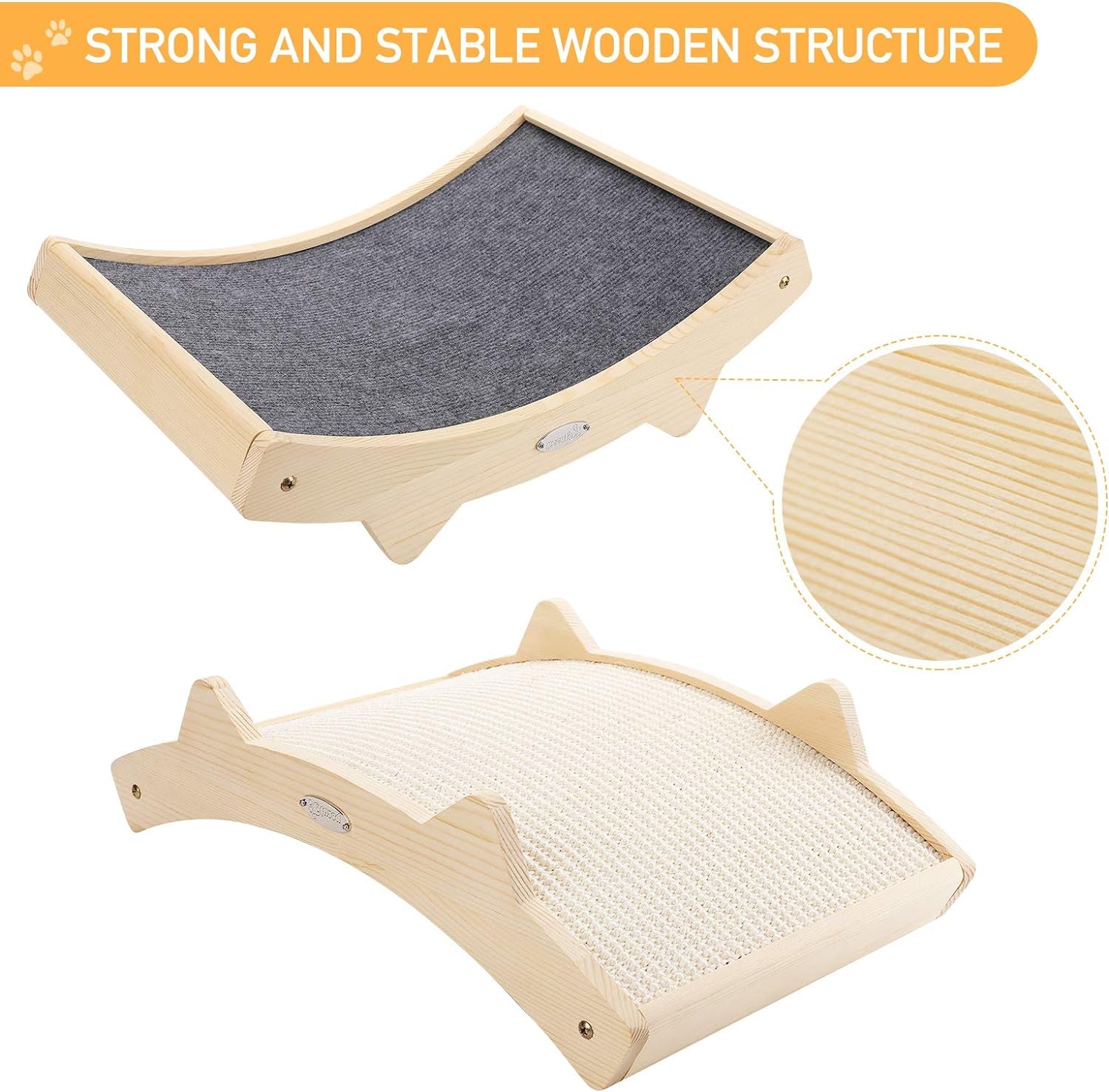 Double-Sided Cat Scratcher with Natural Sisal + Carpet Cloth, Durable Solid Wooden Structure Scratch Pad for Indoor Cats, Scratcher Lounge, 16.5 X 10.8In