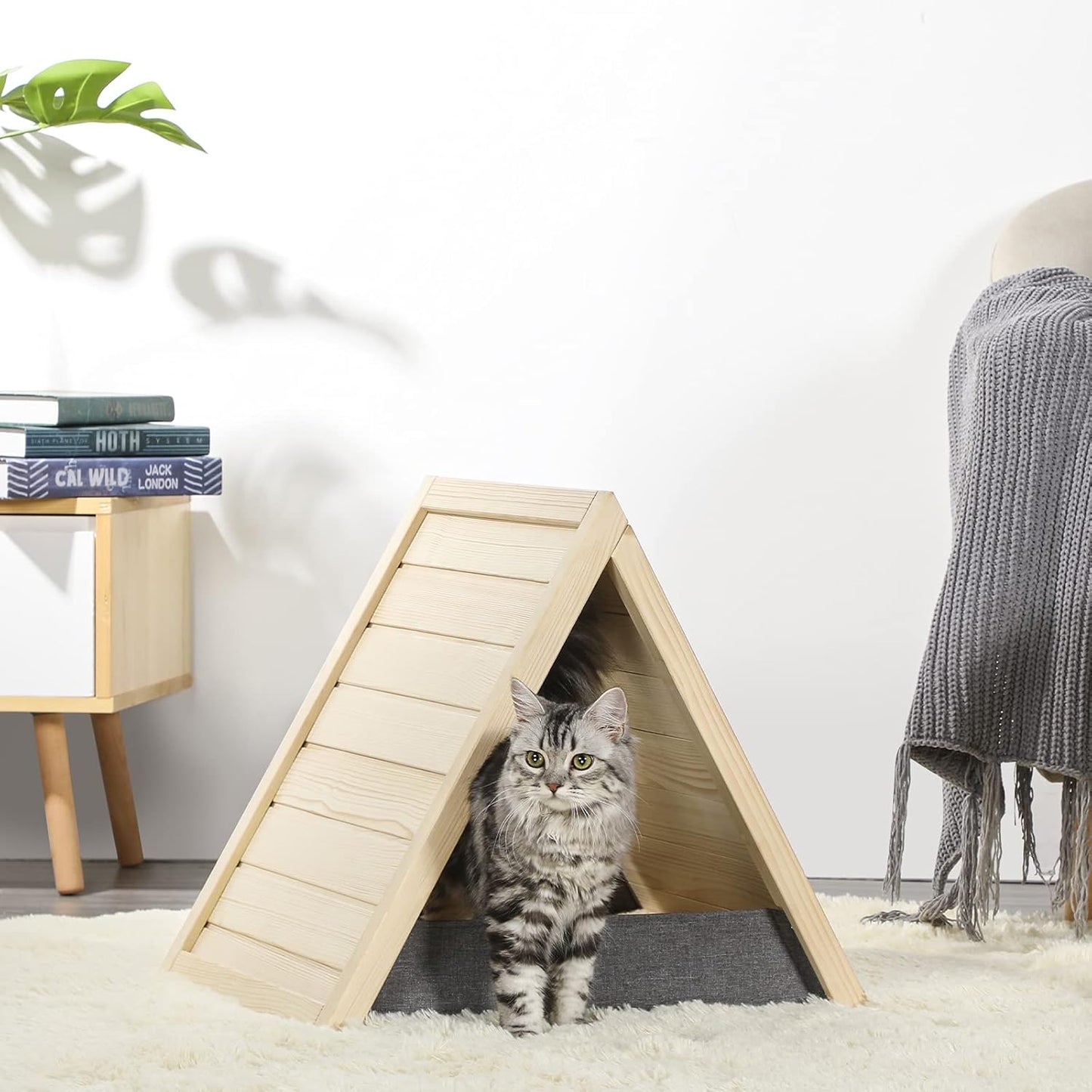 Cat Scratcher Lounge Thicken Solid Wood, Triangle Cats House, Cat Scratching Post for Indoor Cats as Cave and Bed