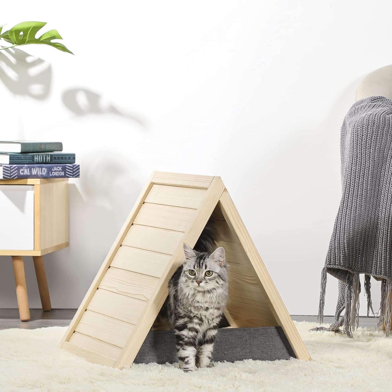 Cat Scratcher Lounge Thicken Solid Wood, Triangle Cats House, Cat Scratching Post for Indoor Cats as Cave and Bed